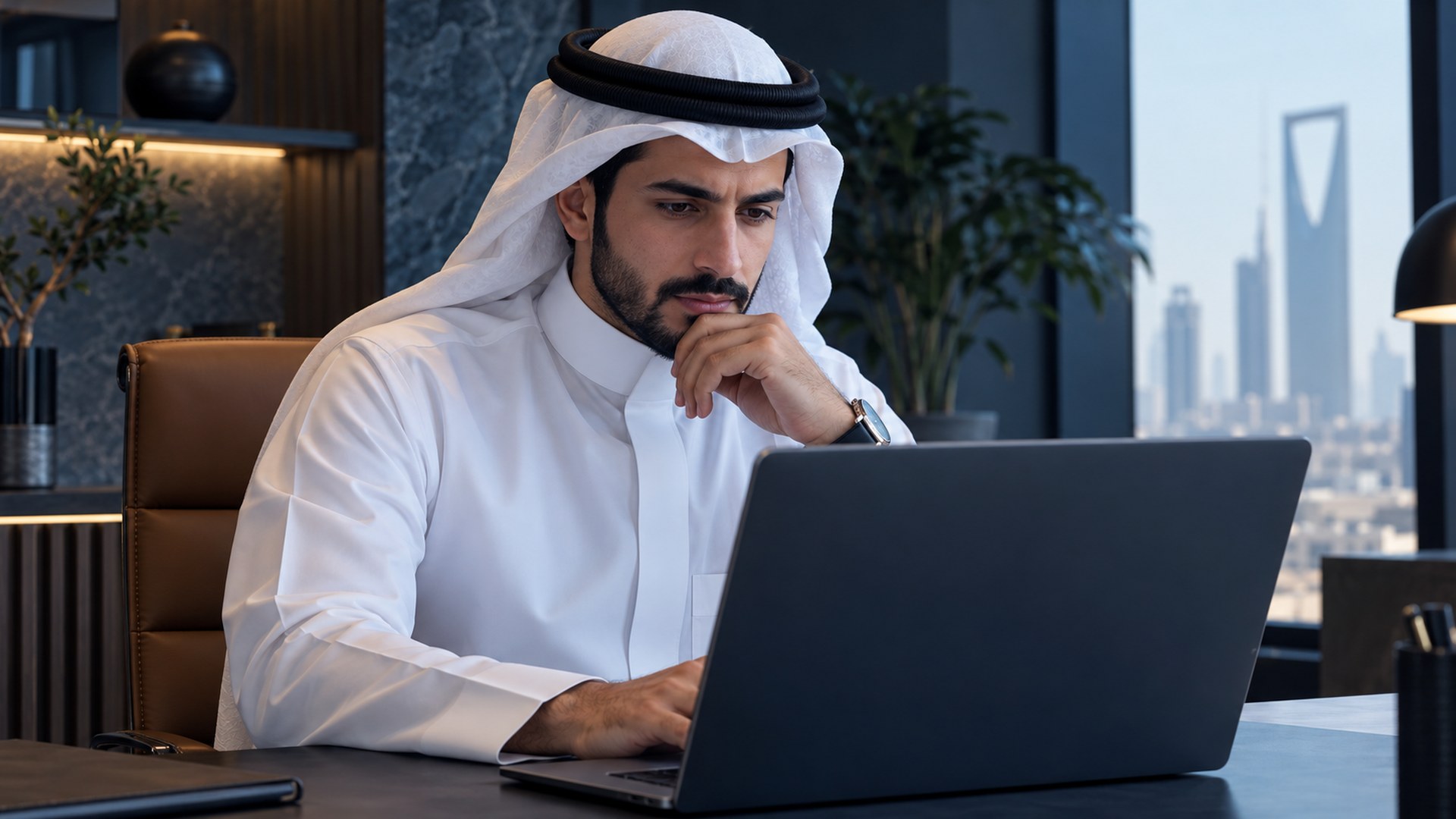 رائد أعمال سعودي يتفحص اللابتوب بتأمل في مكتب صغير