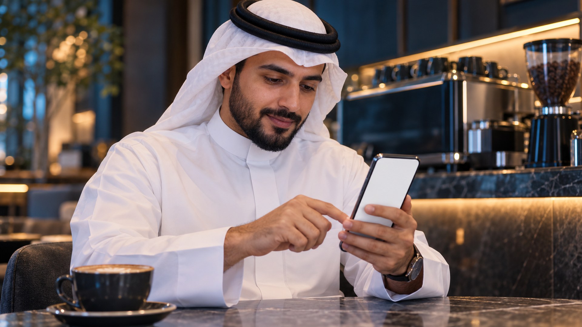 رائد أعمال سعودي يتصفح الإنترنت من جواله على طاولة مقهى