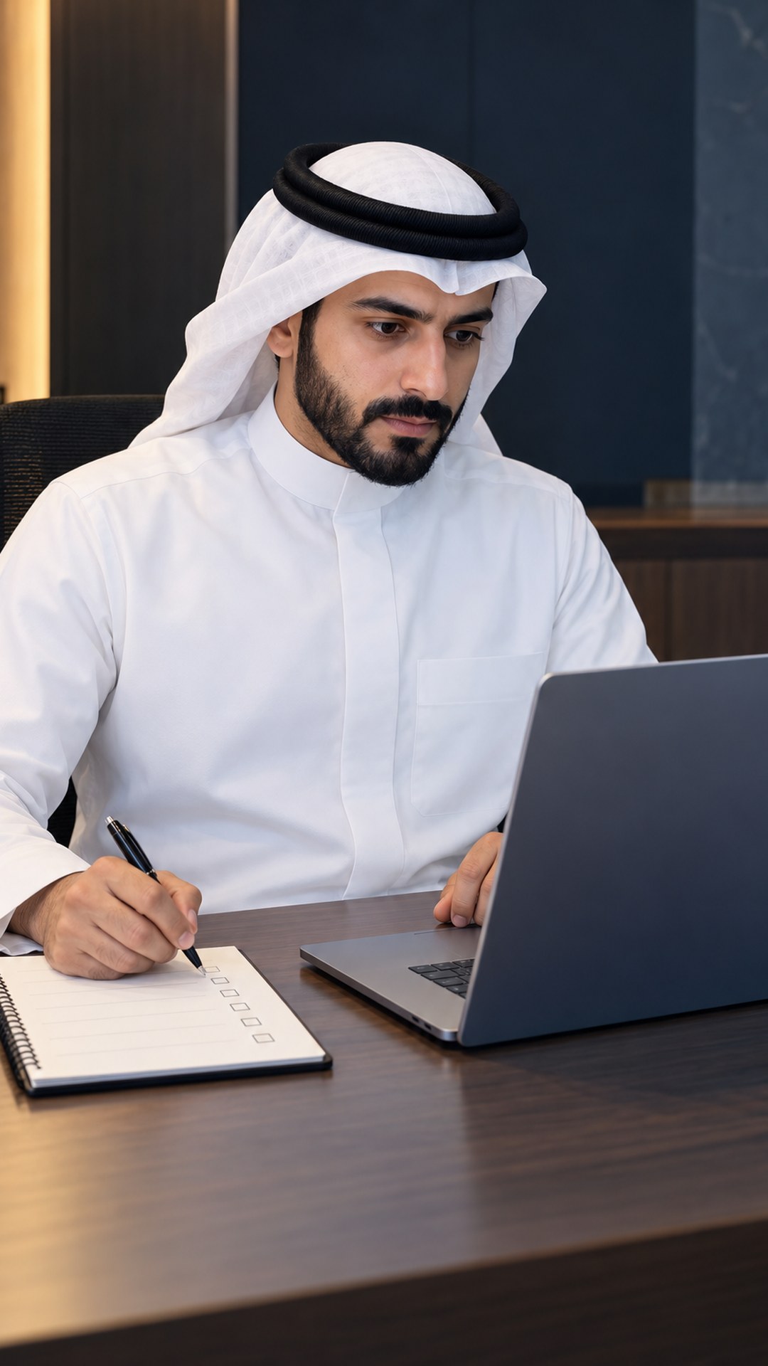 رائد أعمال سعودي بثوب أبيض أمام لابتوب ودفتر قائمة مهام بتركيز