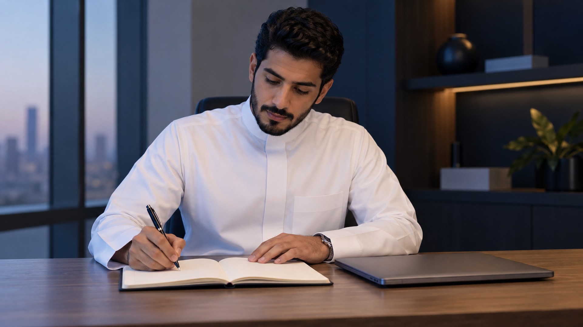 رائد أعمال سعودي يكتب صفات عميله المثالي في دفتر قبل أن يفتح اللابتوب