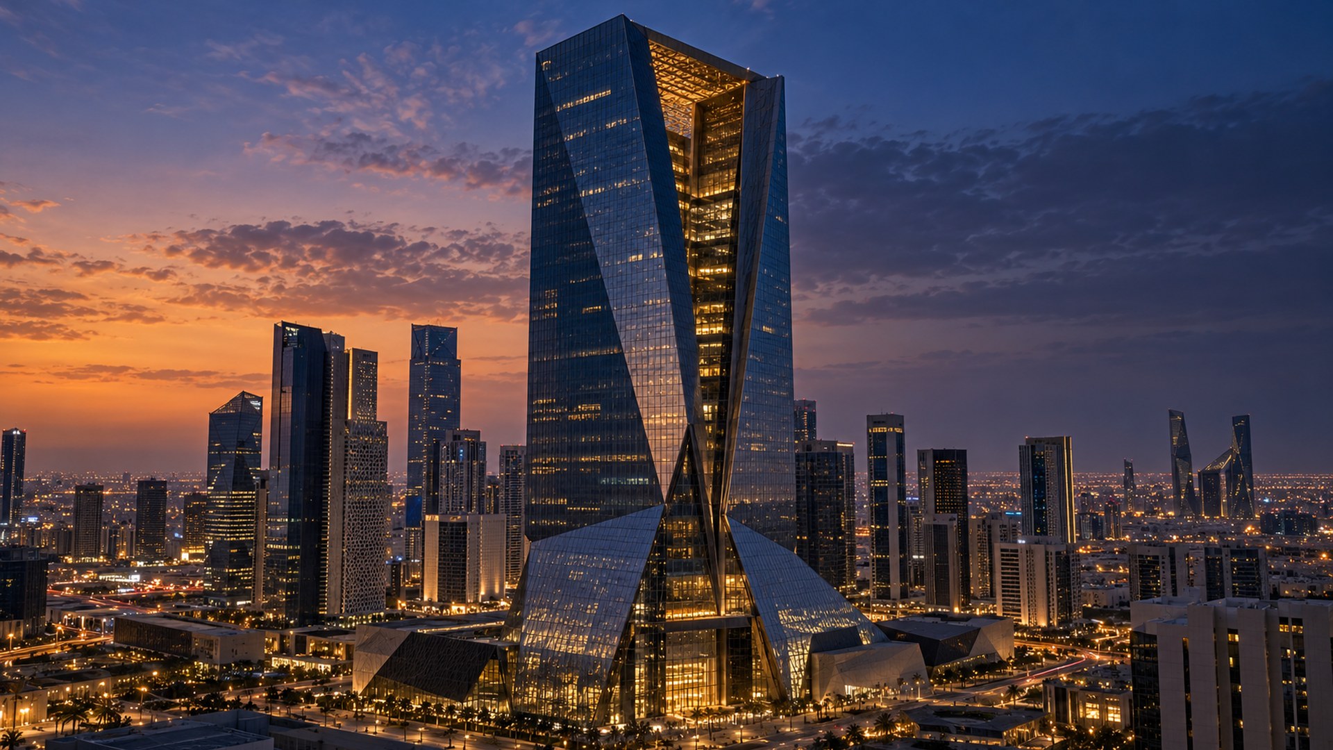 برج السوق المالية السعودية في مركز الملك عبدالله المالي بالرياض وقت الغروب