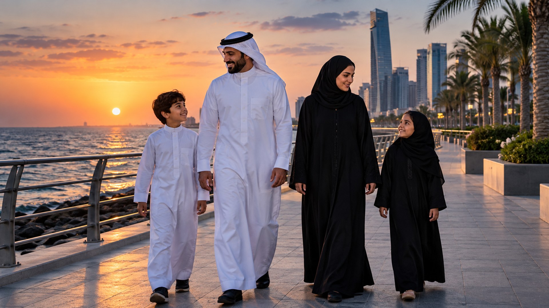 عائلة سعودية تمشي على كورنيش جدة وقت الغروب والبحر خلفها