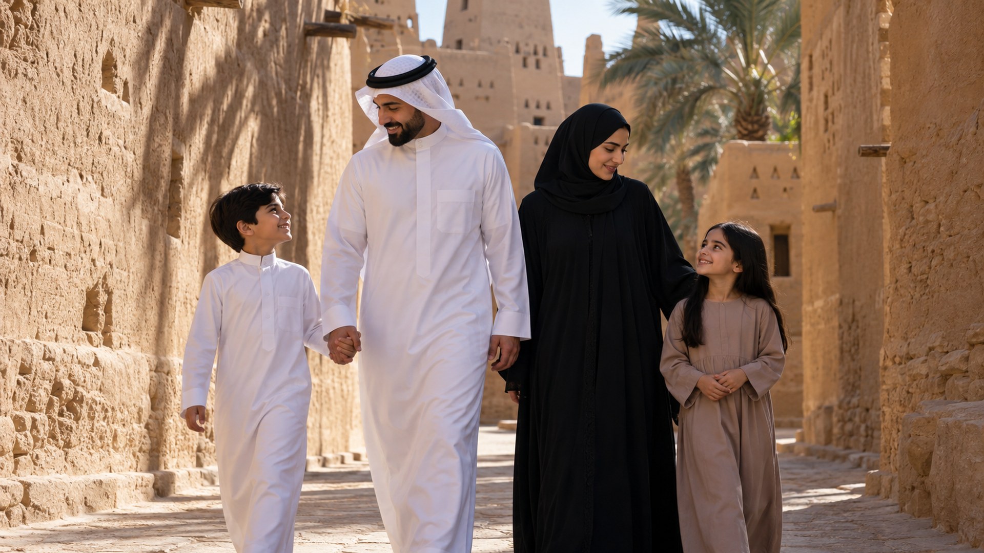 عائلة سعودية تتجول في أزقة الدرعية التاريخية في يوم شتوي مشمس