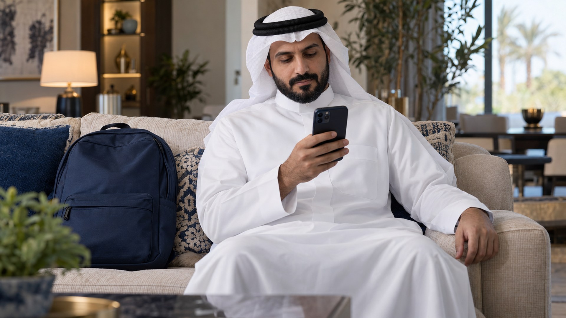 أب سعودي يتفقد جواله بهدوء بجانب حقيبة طفله المدرسية