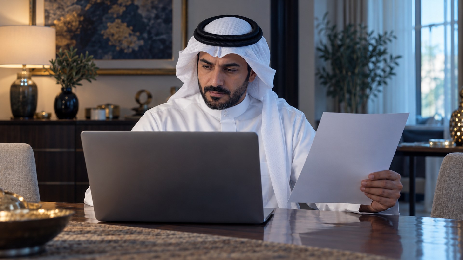 أب سعودي على طاولة الطعام أمام لابتوب ويمسك ورقة من مدرسة أولاده