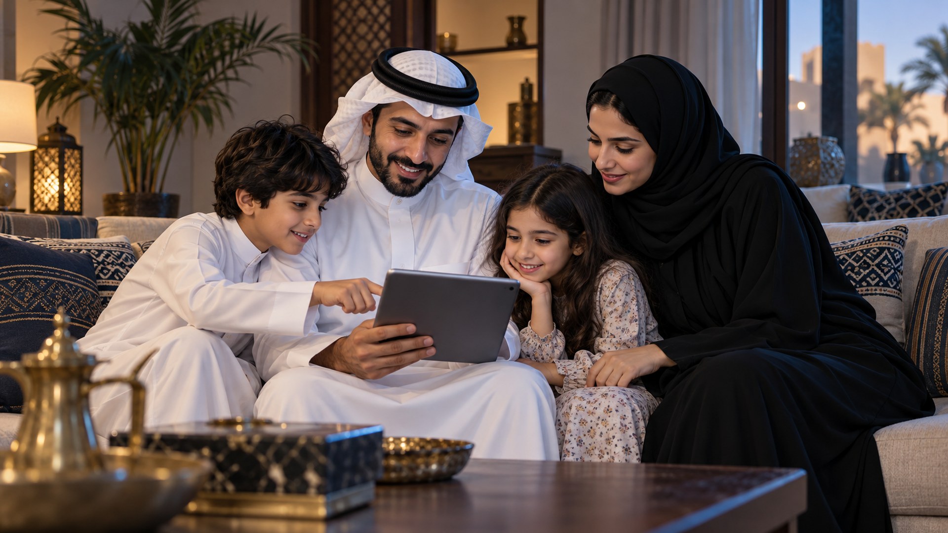 أب وأم سعوديان مع أطفالهما يخططون لرحلة عائلية على جهاز لوحي