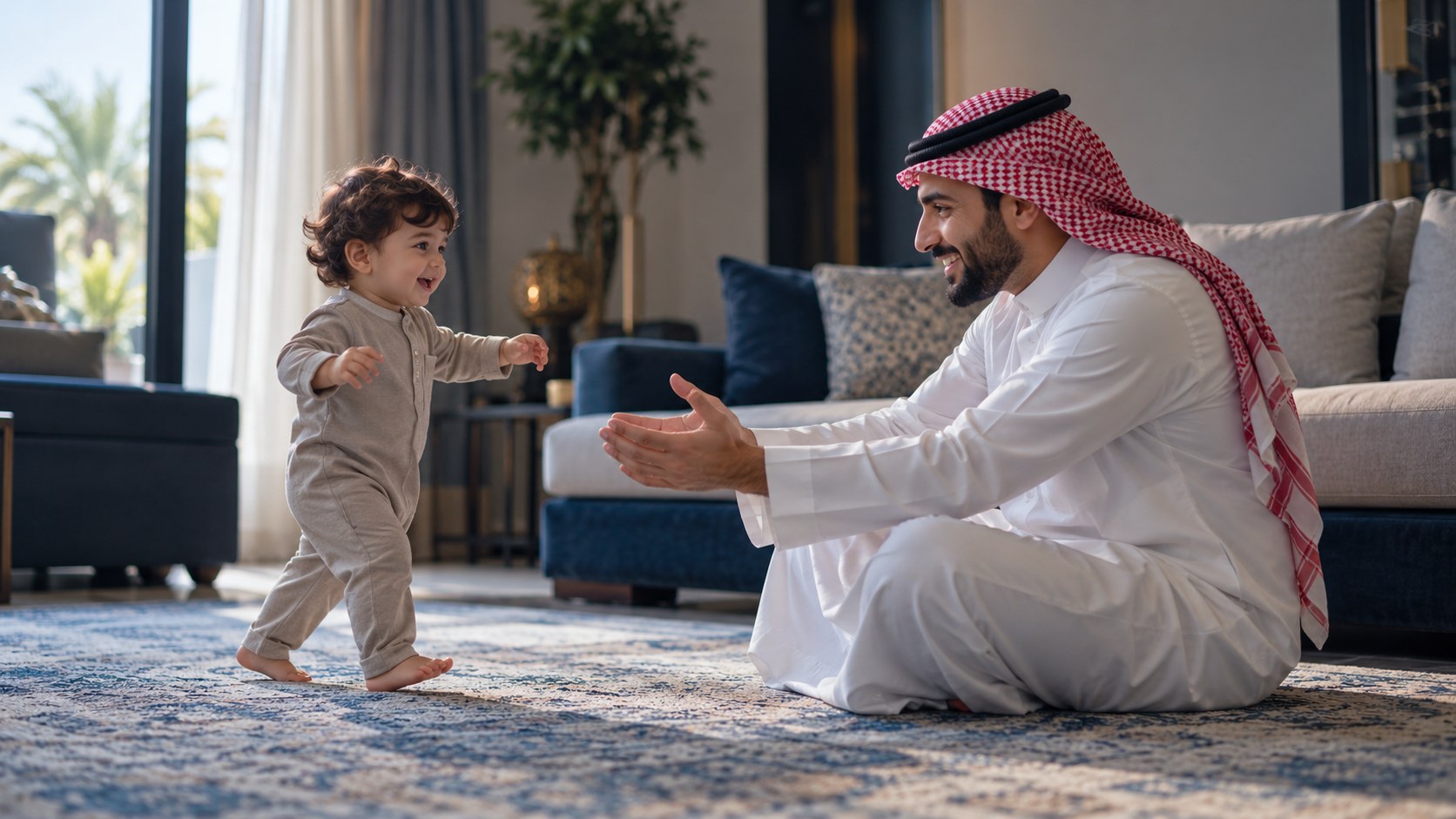 أب سعودي جالس على الأرض يراقب ابنه الصغير وهو يمشي نحوه