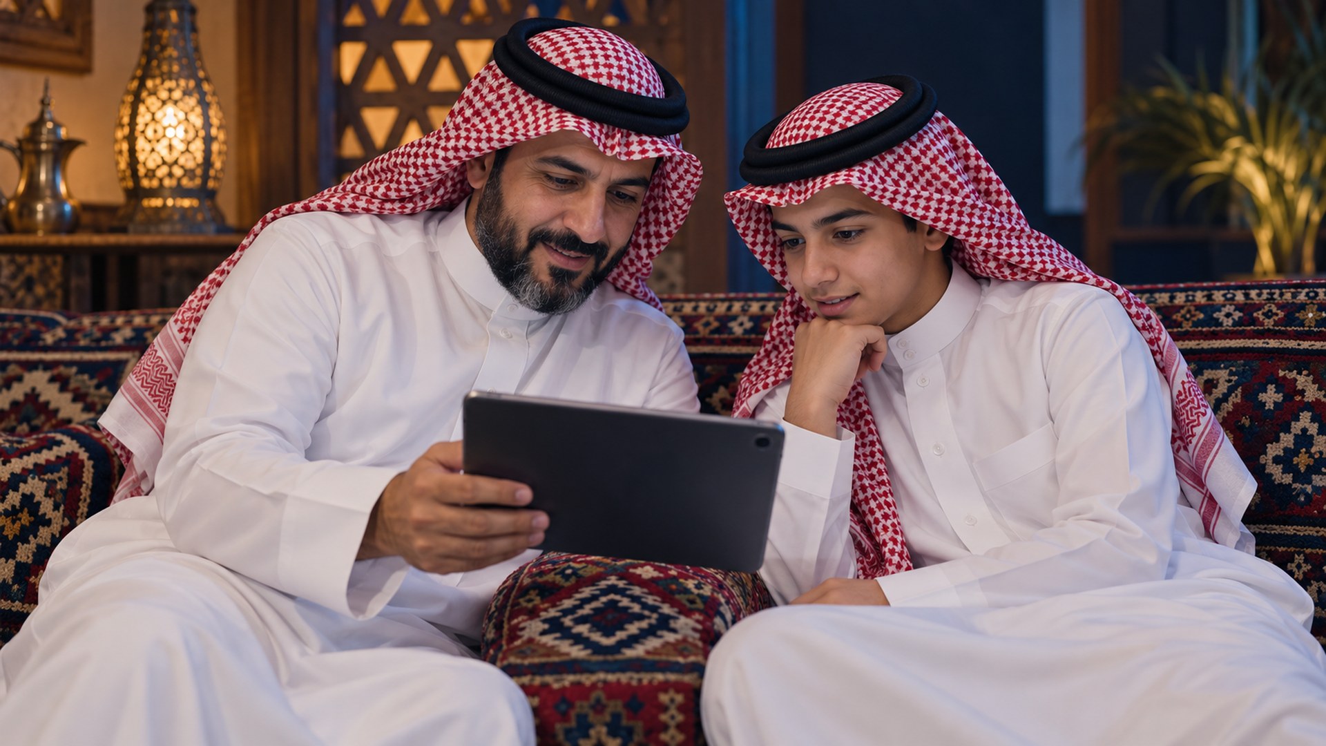أب سعودي وابنه المراهق يقرآن مقالاً على جهاز لوحي في المجلس