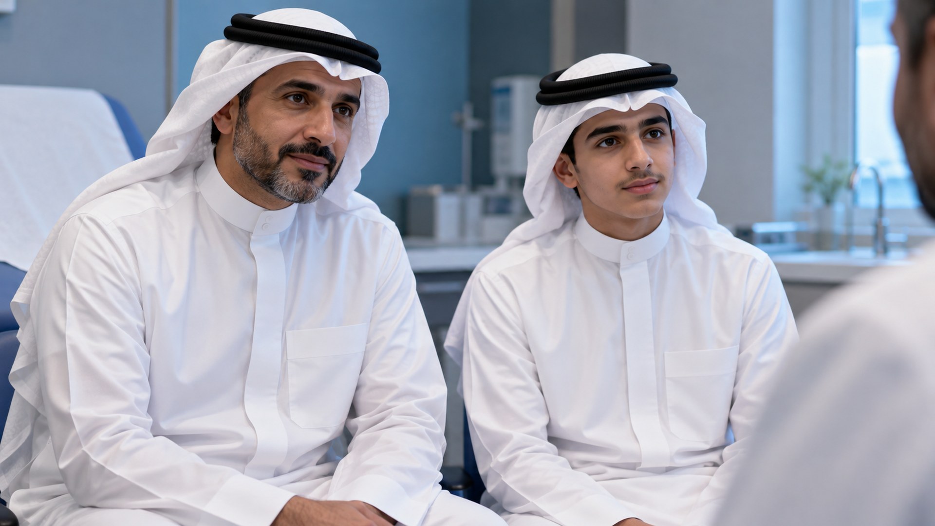 أب سعودي وابنه المراهق في غرفة استشارة طبية بانتباه