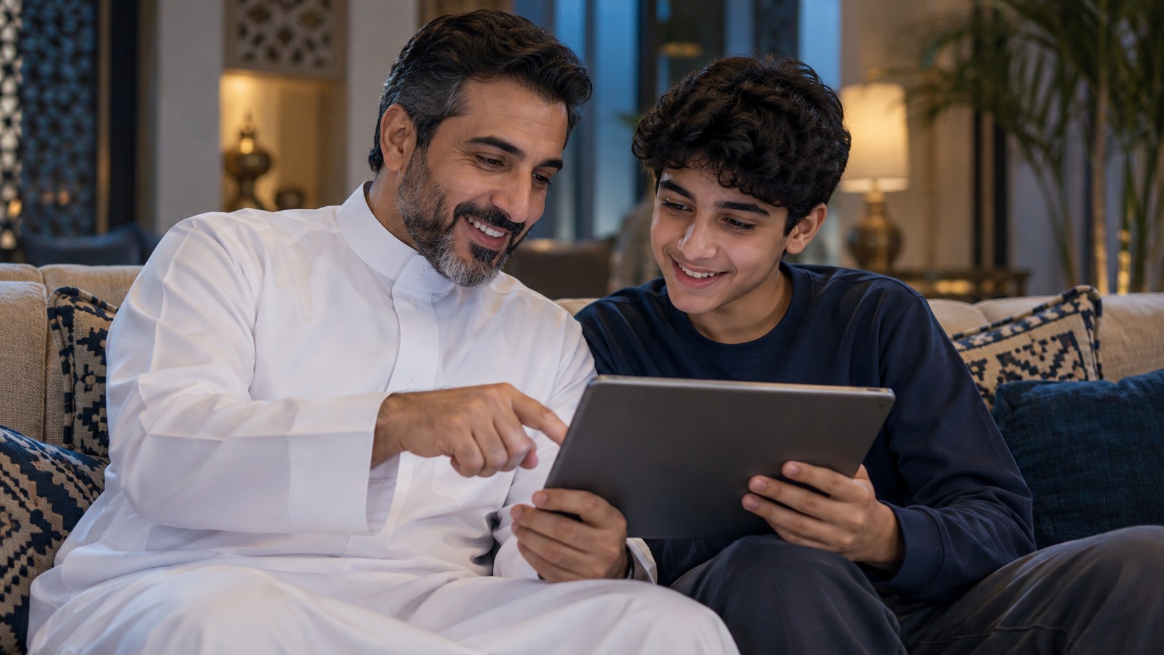 أب سعودي وابنه المراهق على الكنب يخططان للمباريات التي سيشاهدانها