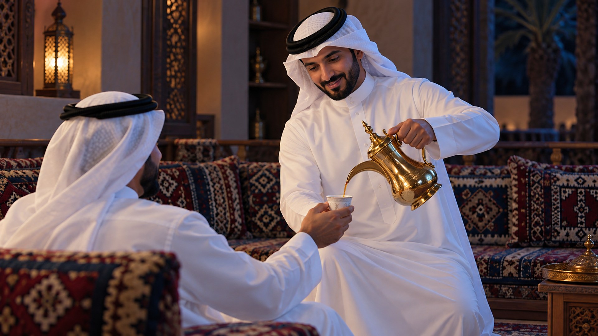 أب سعودي يصب القهوة العربية من دلة ذهبية لضيفه في مجلس تقليدي