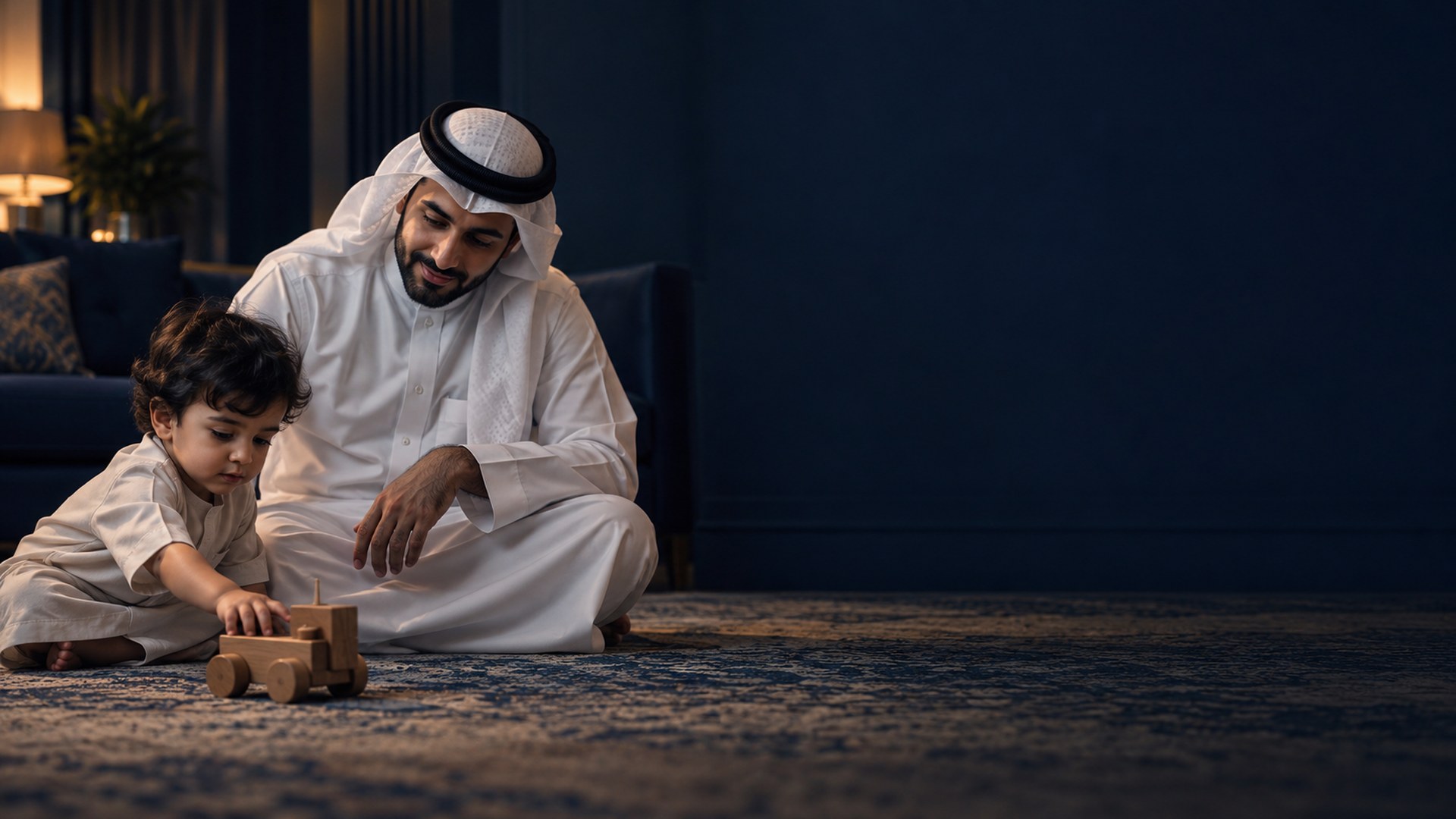 أب سعودي يراقب طفله الصغير وهو يمد يده للعبة خشبية على السجادة
