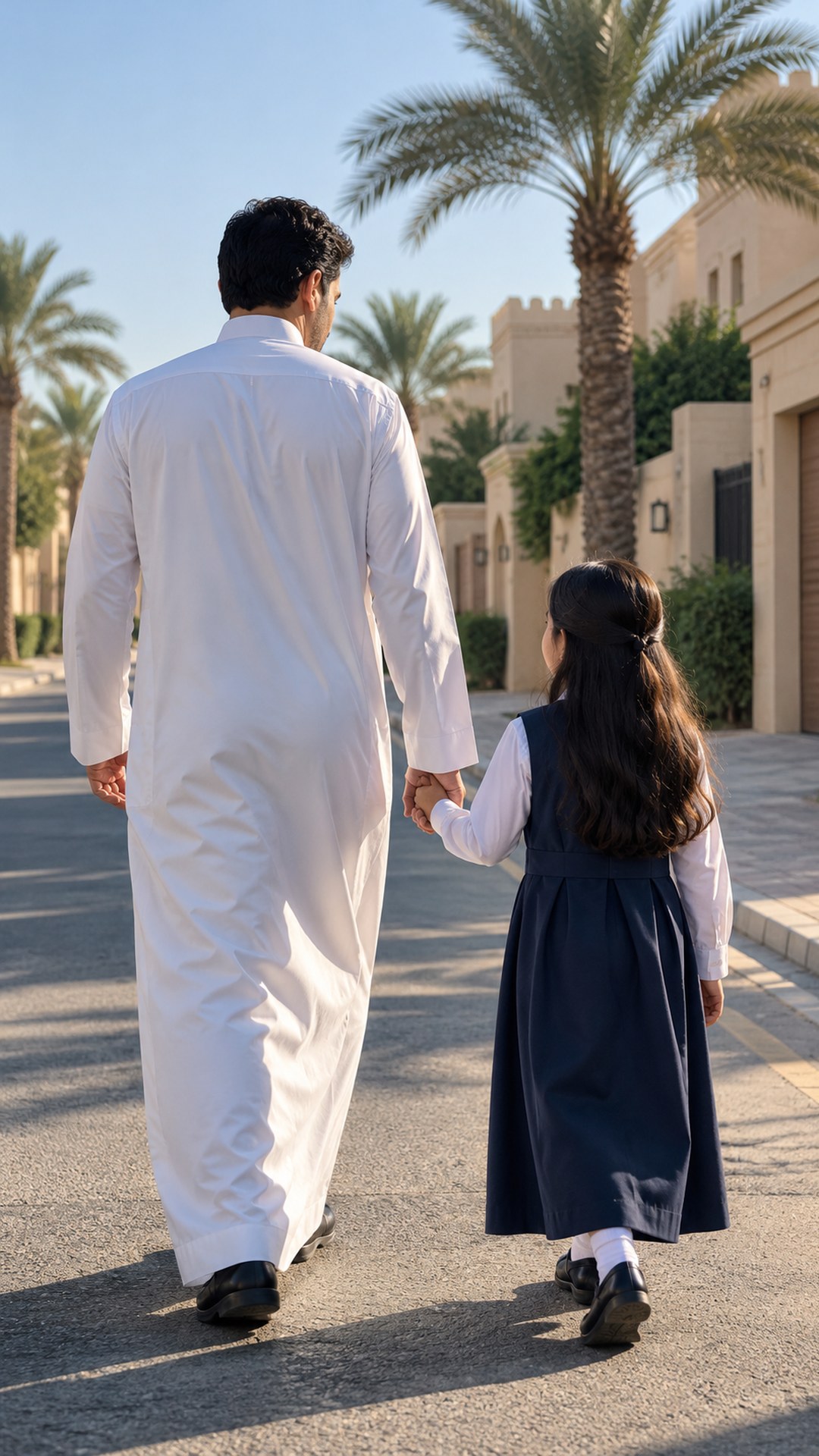 أب سعودي يمسك يد ابنته الصغيرة في طريقهما إلى المدرسة صباحاً، من الخلف