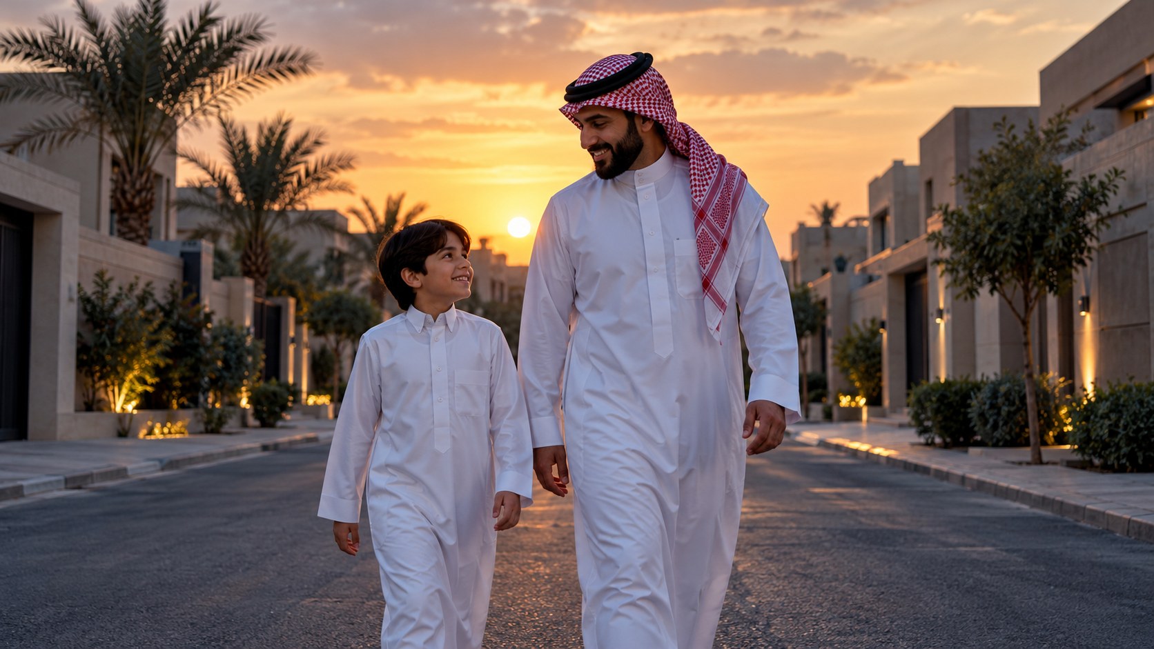 أب سعودي وابنه الصغير يمشيان في شارع حي هادئ وقت الغروب