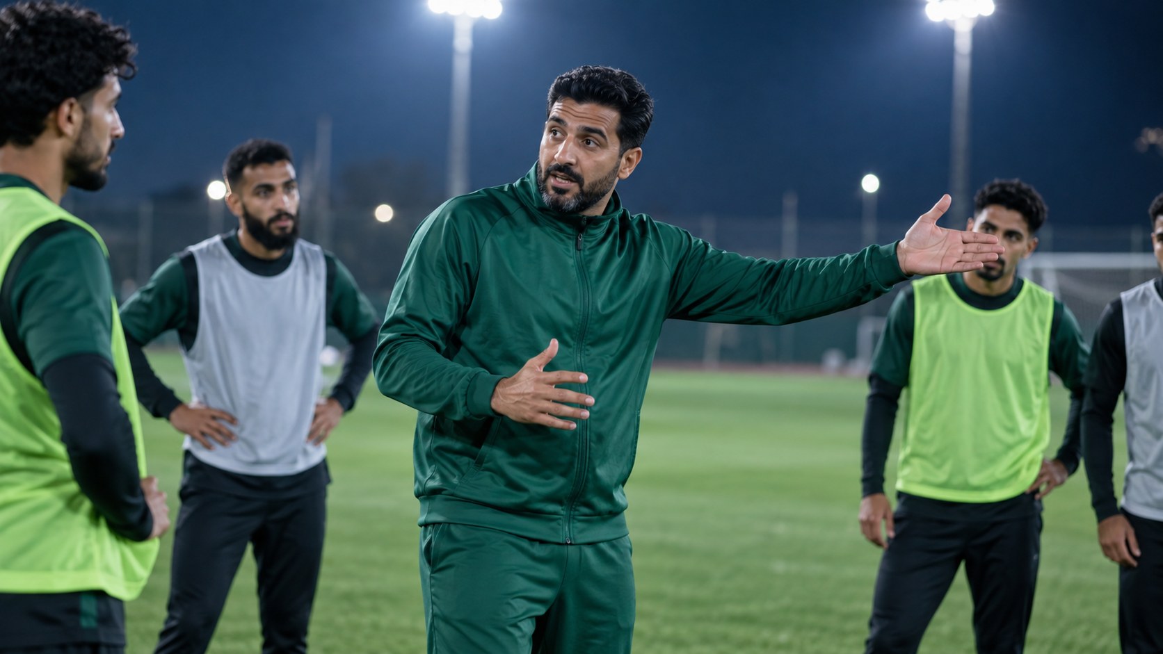 مدرب كرة قدم سعودي ببدلة رياضية خضراء يوجّه اللاعبين في تدريب مسائي