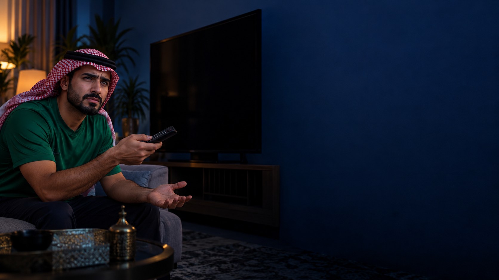 مشجع سعودي يمسك الريموت محتاراً أمام تلفزيون مطفأ في صالة حديثة