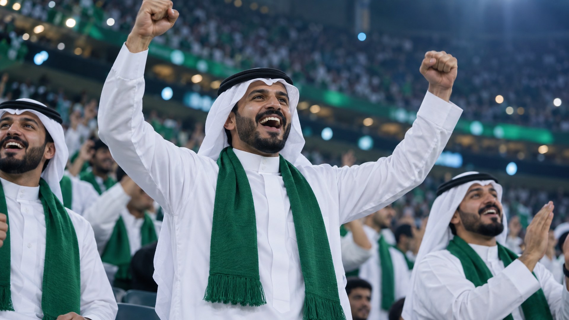 مشجعون سعوديون بأوشحة خضراء يهتفون بفرح في مقاعد الملعب