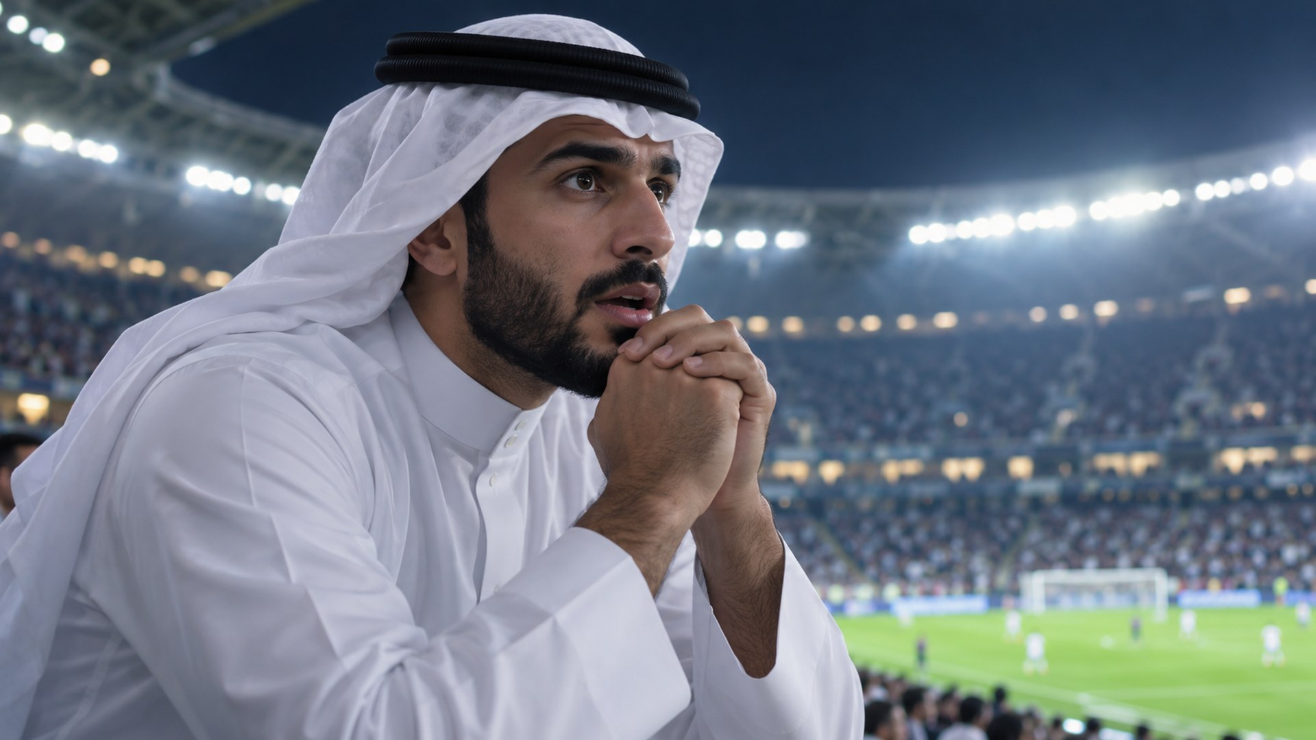 مشجعون سعوديون في المدرج يتابعون مباراة مثيرة تحت الأضواء المسائية