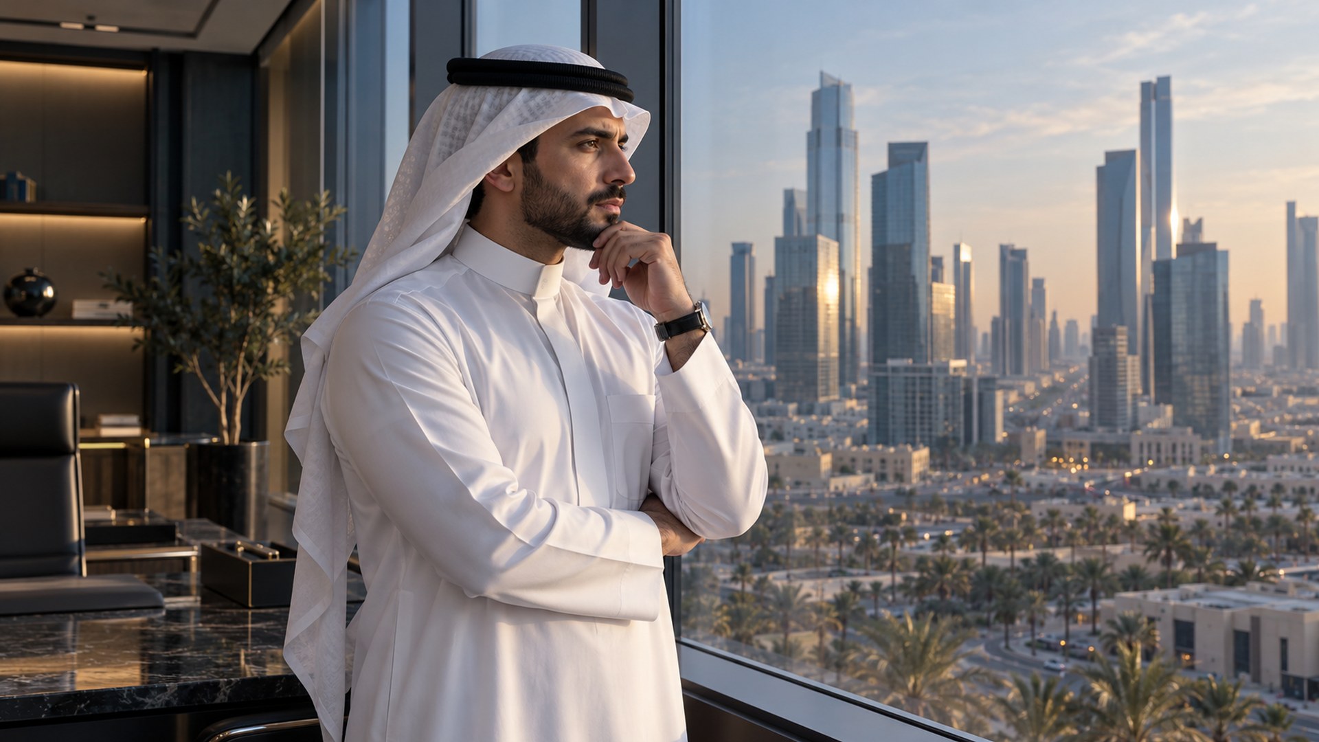 مؤسس سعودي ينظر من نافذة مكتبه ويفكر في خطط النمو