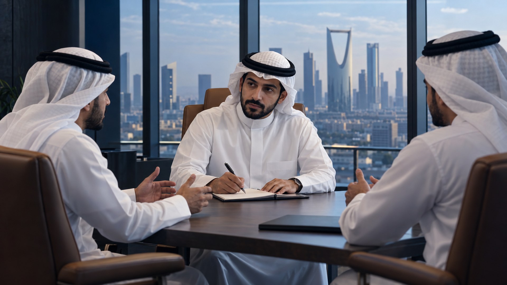 مؤسس سعودي يجلس مع عميلين محتملين ويدوّن ملاحظاتهما قبل بناء البرنامج