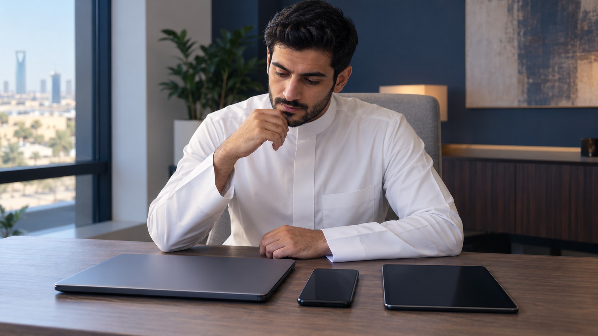 مستقل سعودي يراجع أجهزة عمله المرتبة على مكتب نظيف