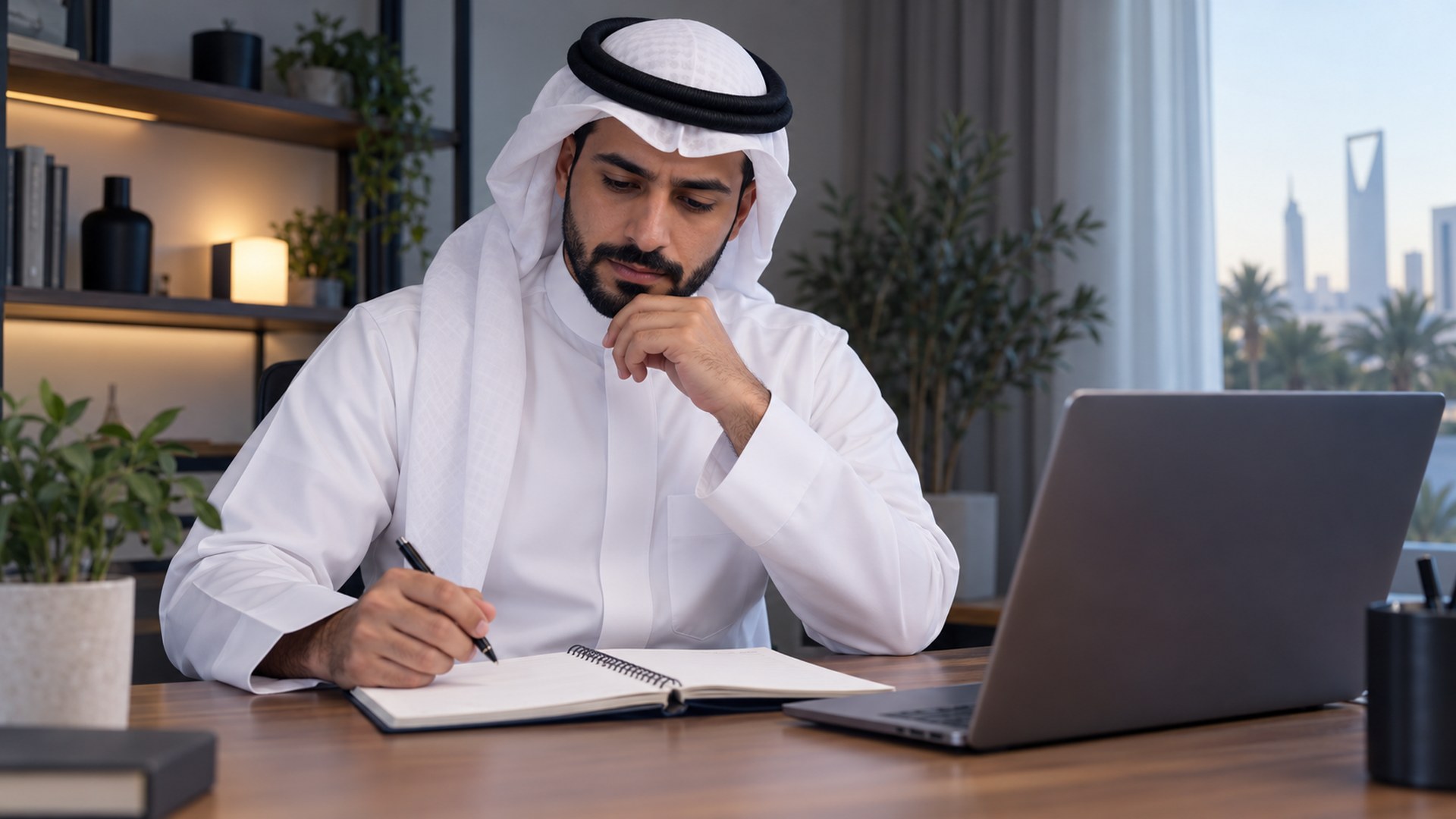 مستقل سعودي يراجع دفتر ميزانية بسيطاً بجانب اللابتوب