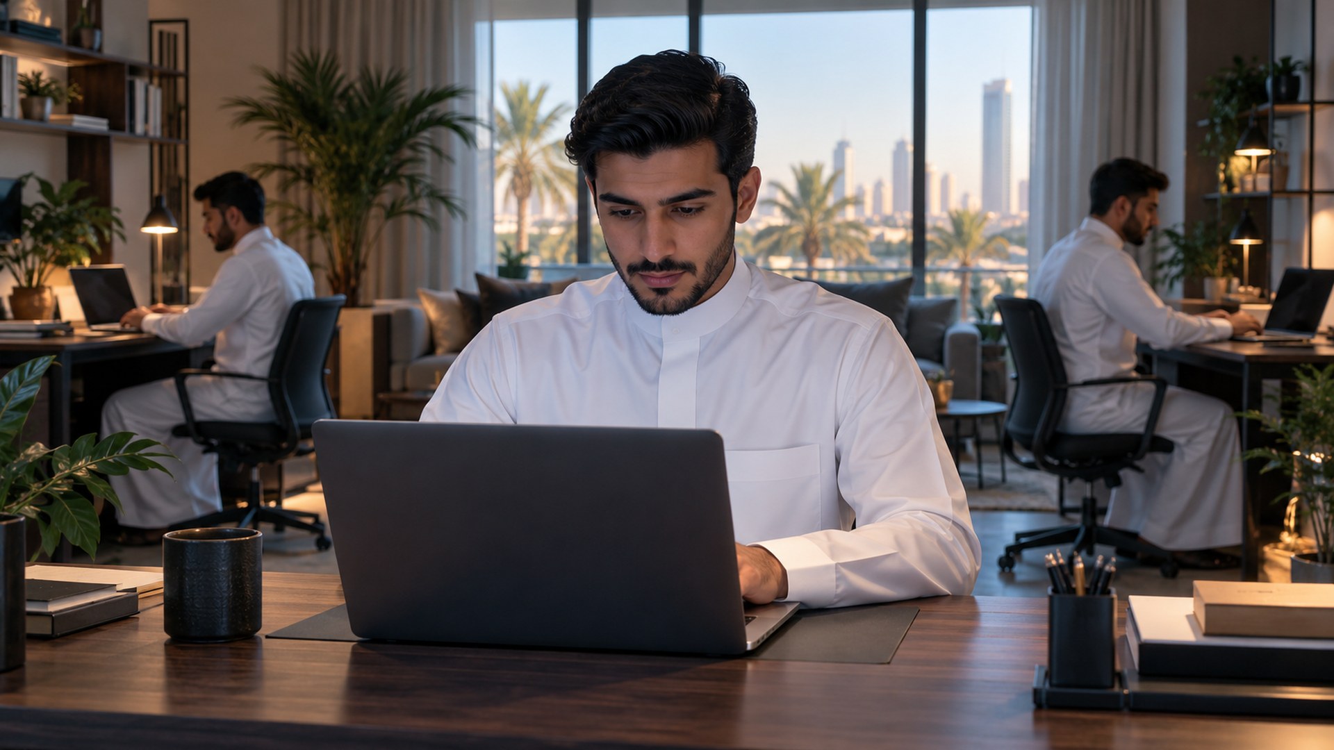 مستقل سعودي يعمل وحده من البيت وخلفه مساحة عمل لفريق صغير