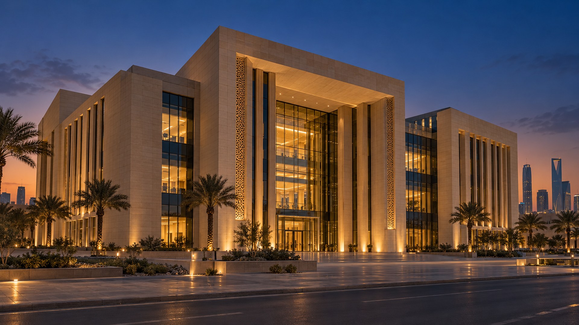 مبنى تعليمي حكومي حديث في الرياض وقت الغروب