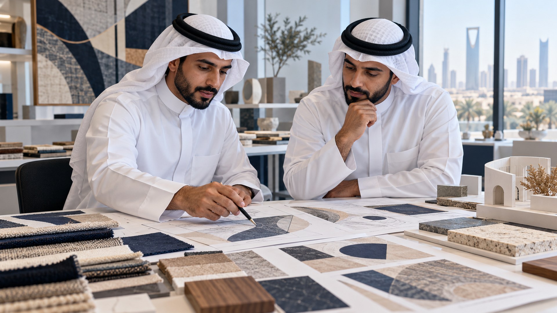 مصمم جرافيك ومهندس معماري سعوديان على طاولة استوديو مليئة بالرسومات وعينات القماش
