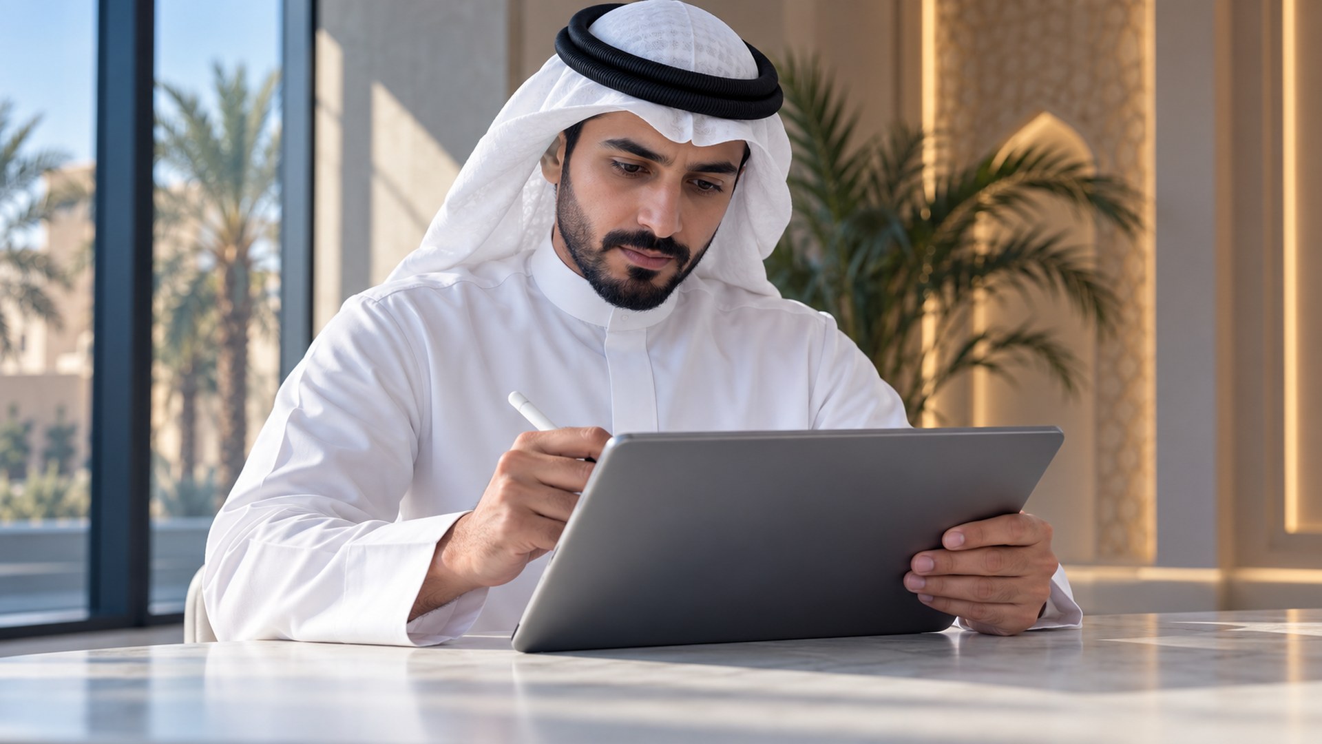 مصمم جرافيك سعودي يعدّل خلفية صورة على جهاز لوحي بالقلم