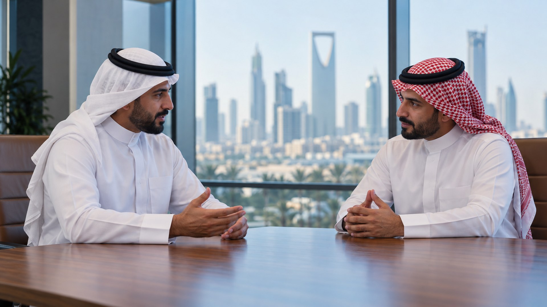 محاسب سعودي في الشركة ومستشار خارجي يتناقشان على طاولة اجتماعات