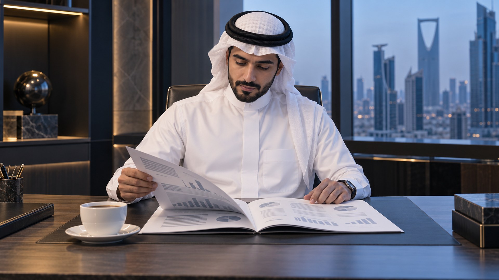 مستثمر سعودي يراجع التقرير السنوي لشركة مع فنجان قهوة