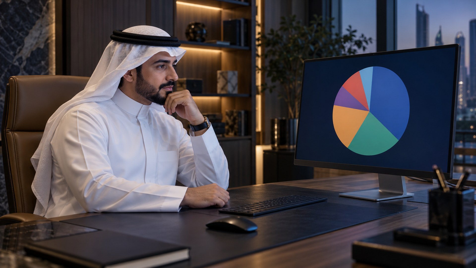 مستثمر سعودي هادئ يتأمل رسماً دائرياً لمحفظة متوازنة على شاشة الكمبيوتر