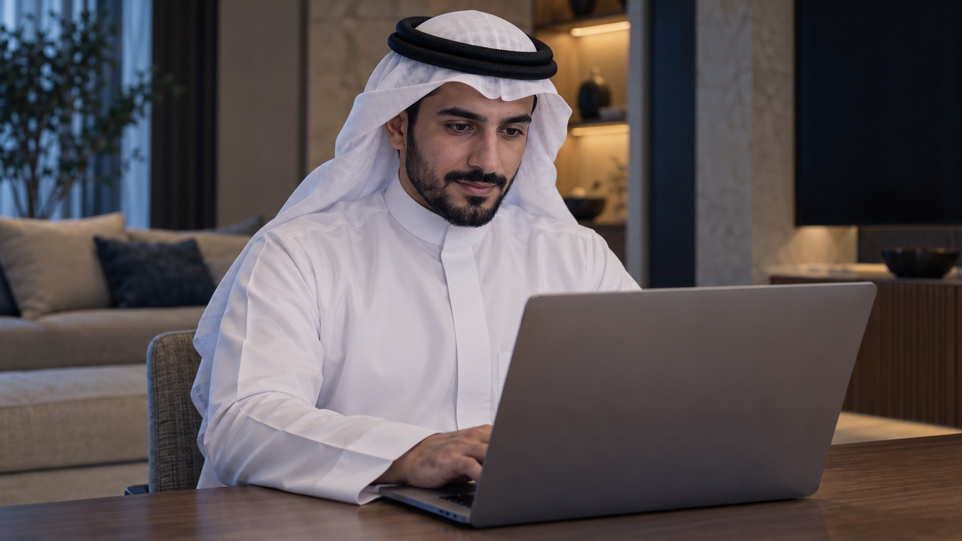 باحث عن عمل سعودي يقرأ إعلاناً على لابتوبه في البيت بهدوء