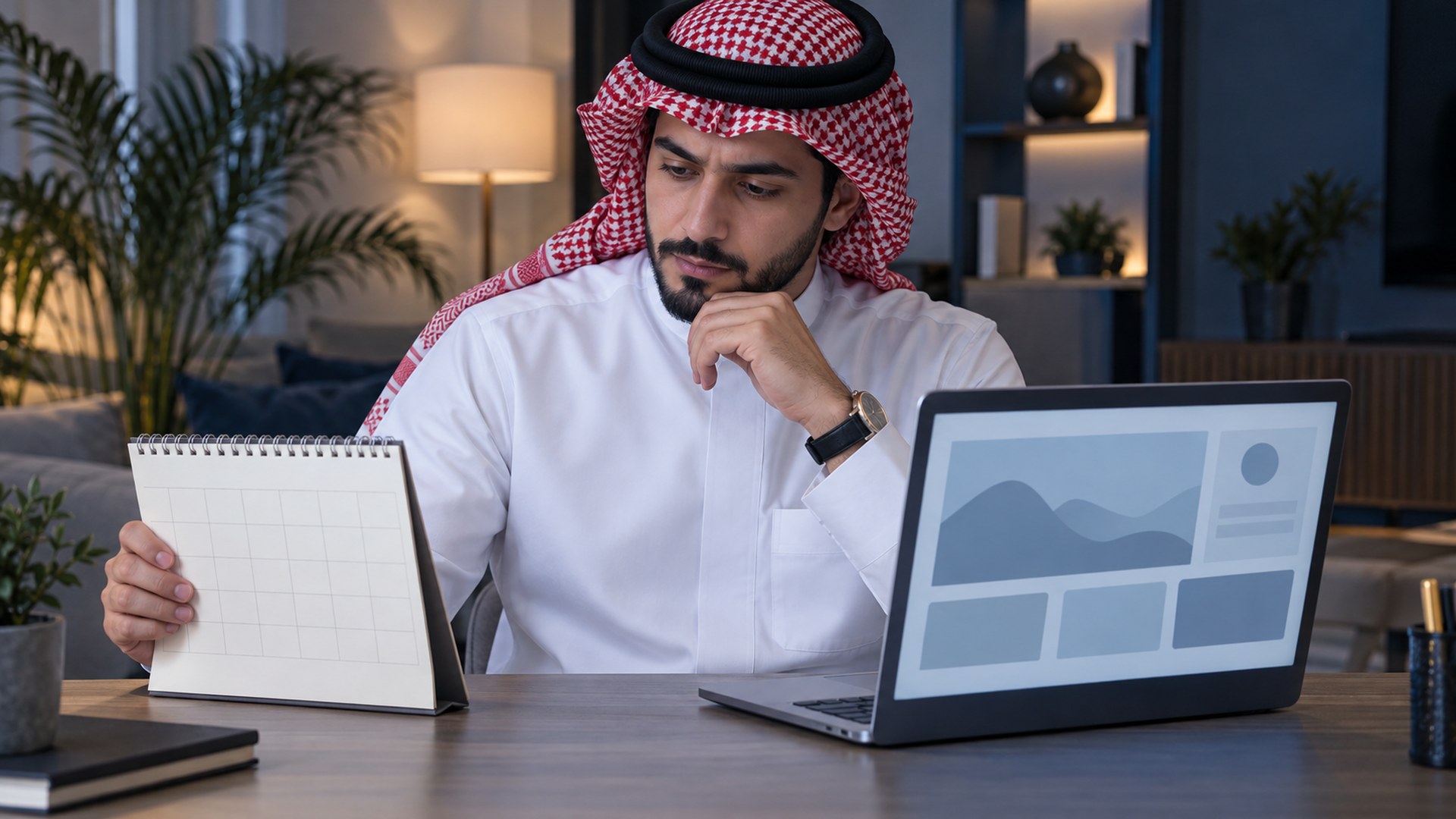 متعلم سعودي يقارن التقويم بصفحة دورة على مكتبه في البيت
