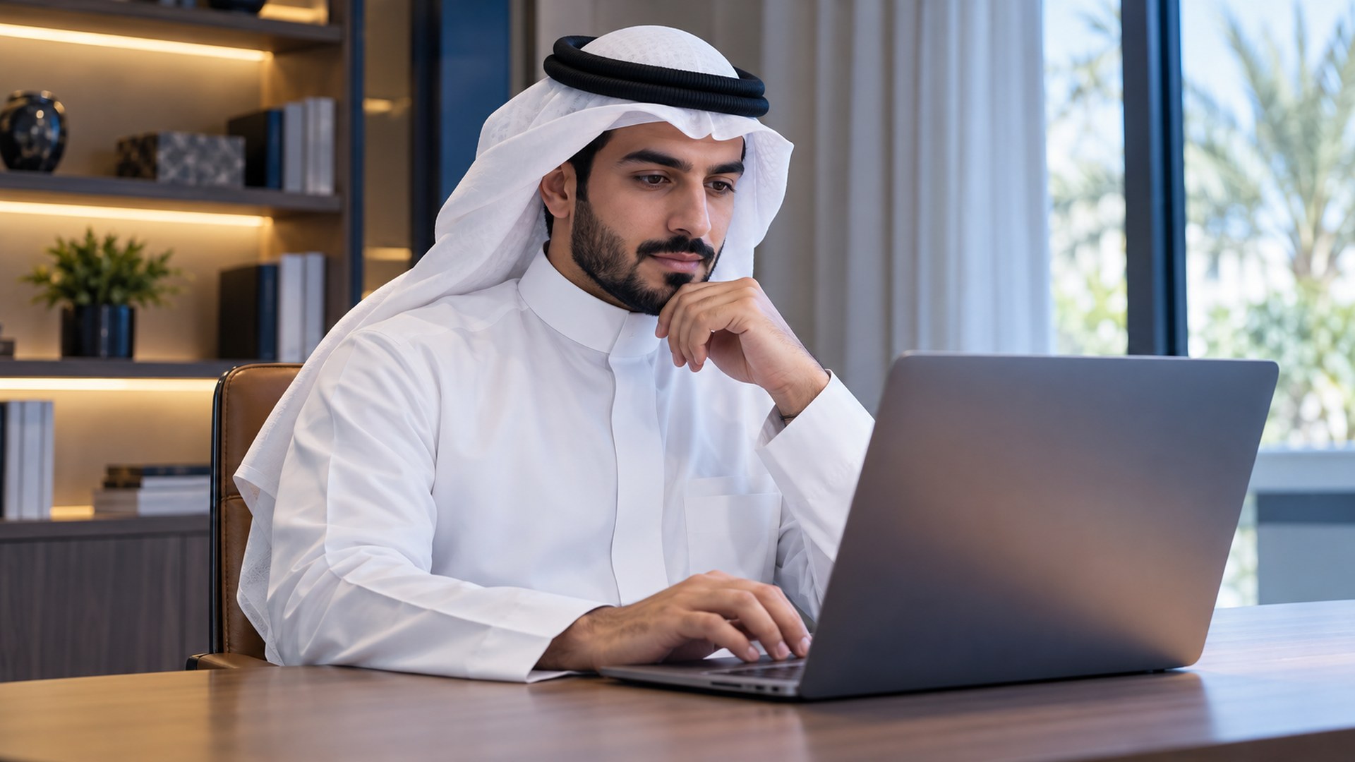رجل سعودي يقارن تفاصيل دورة وأسعارها على شاشة اللابتوب بهدوء