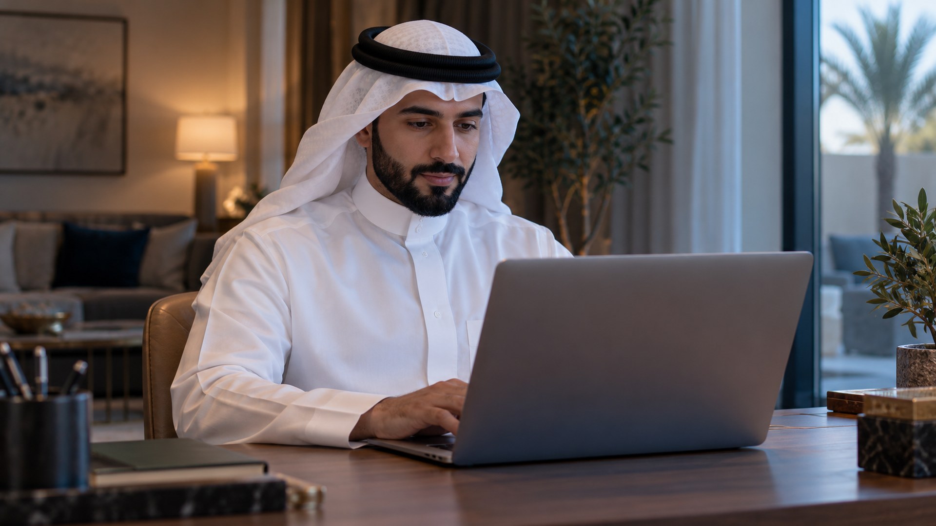 رجل سعودي يراجع طلبه على اللابتوب في مكتب البيت