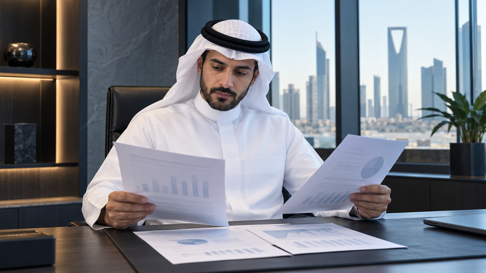 رجل سعودي يراجع عدة مستندات مالية معاً على مكتبه