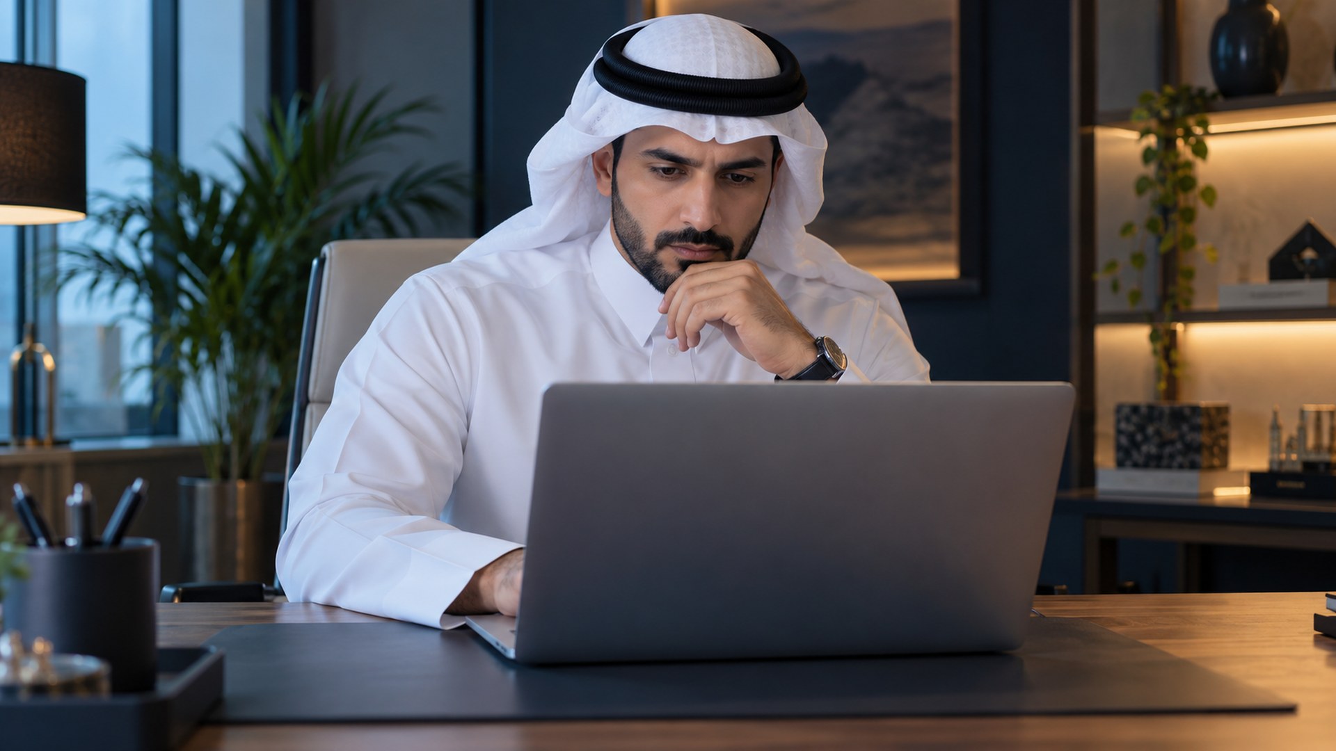 رجل سعودي يتفحص اللابتوب بعناية على مكتب مرتب