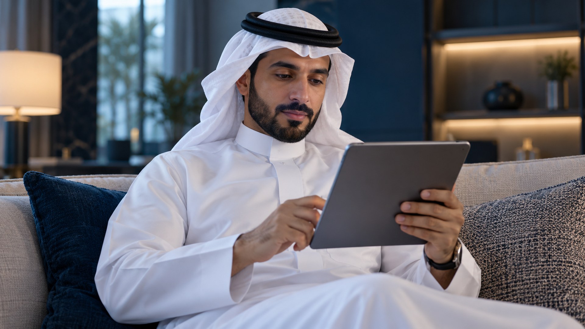 رجل سعودي يقرأ شروط الحجز والإلغاء على جهازه اللوحي بهدوء