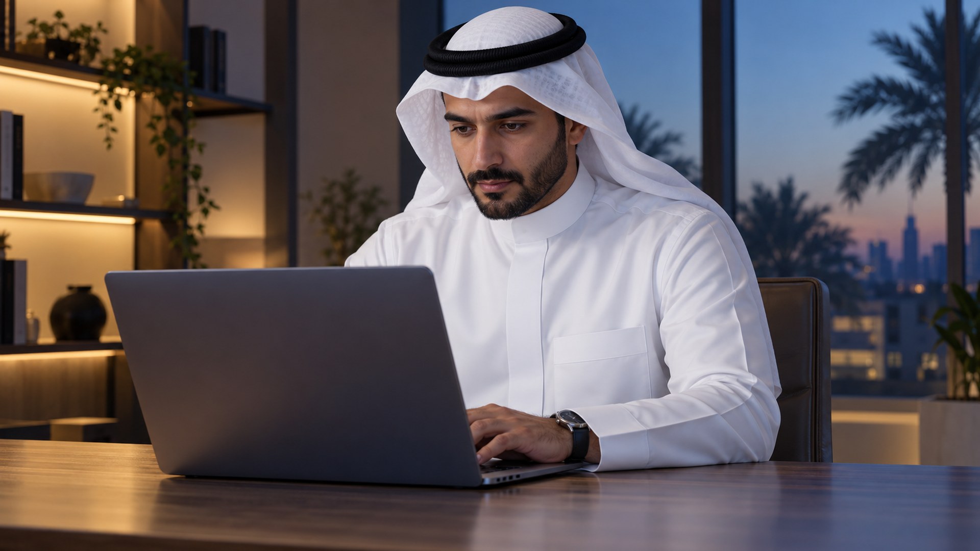 رجل سعودي يبحث عن مشروع تقني رقمي على لابتوبه