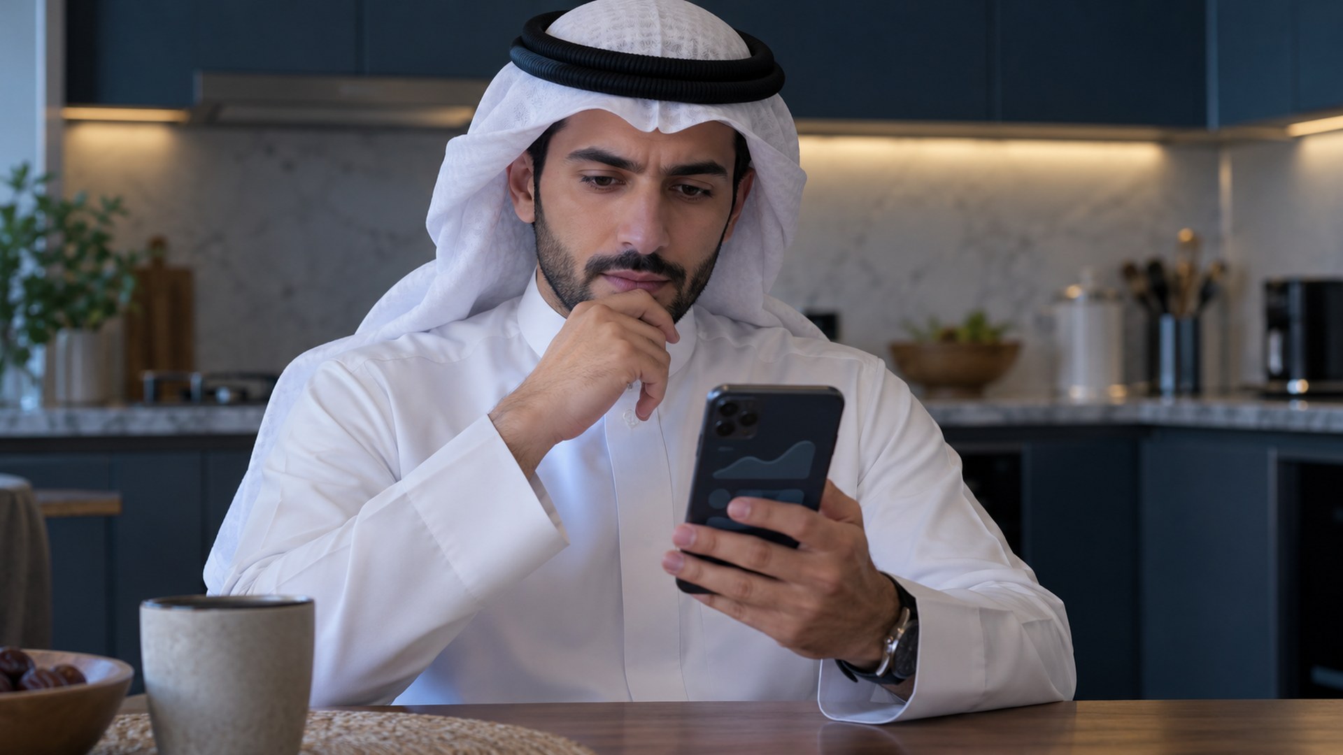 رجل سعودي يراجع منصة مالية على جواله عند طاولة المطبخ