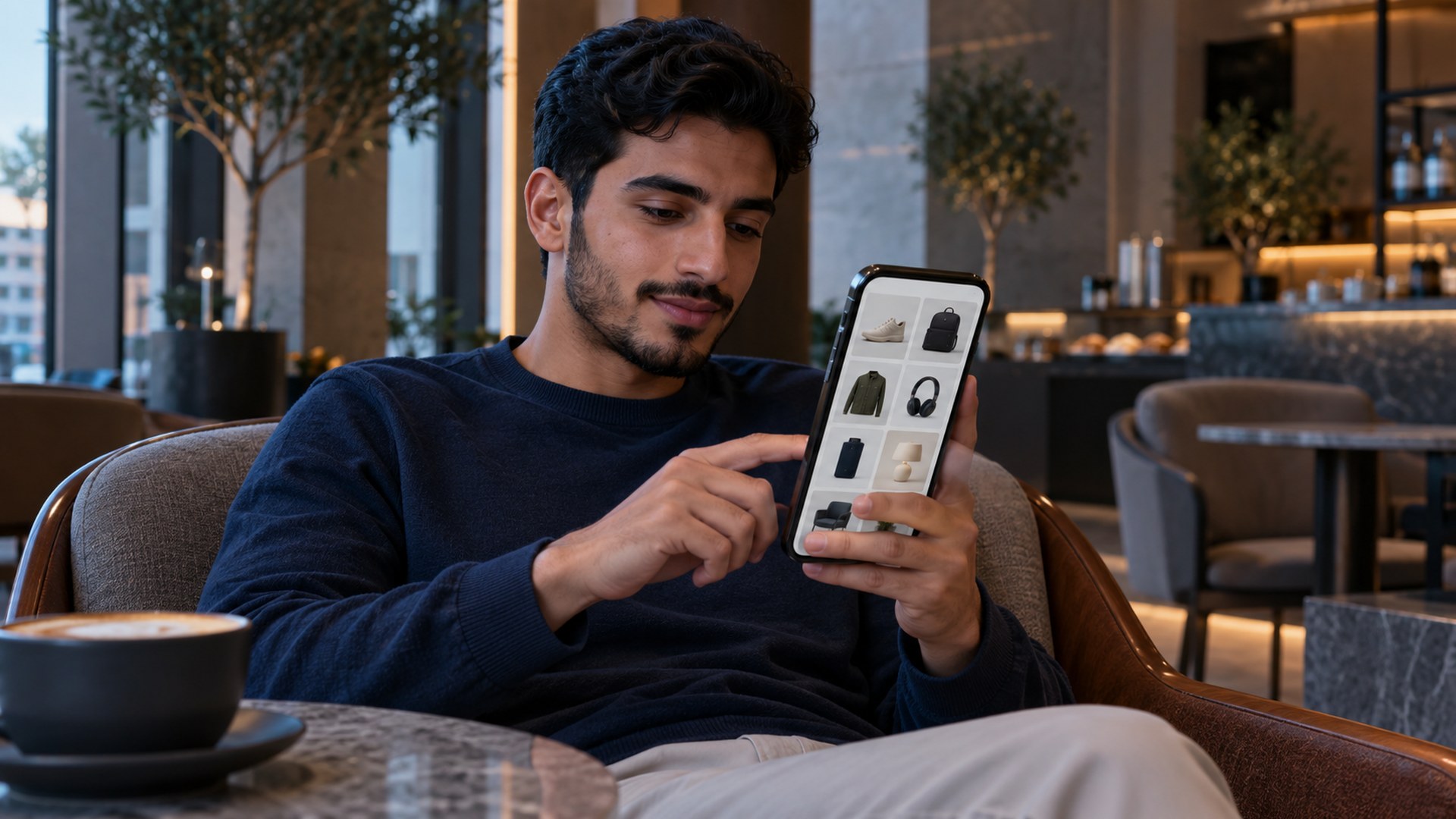 رجل سعودي في مقهى حديث يتصفح متجراً إلكترونياً على جواله