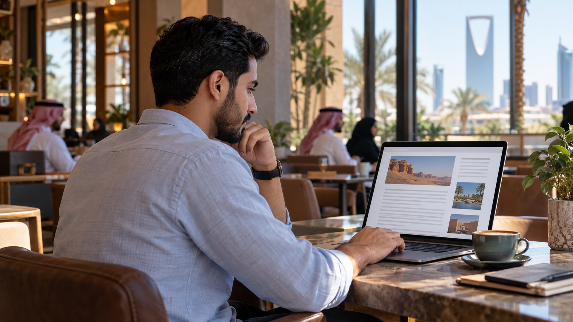 رجل سعودي في مقهى مضيء يقرأ مقالاً طويلاً منظماً على اللابتوب