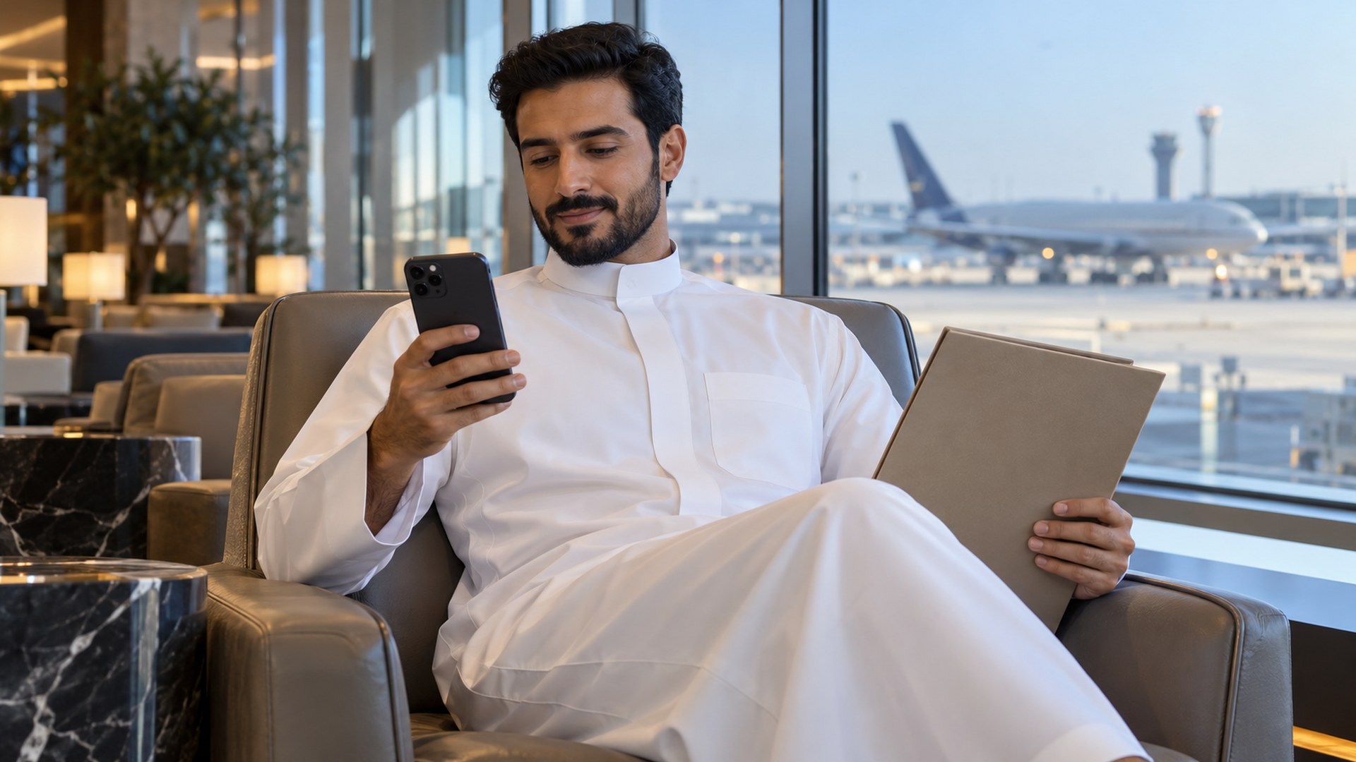 رجل سعودي في صالة مطار يمسك جواله وملف وصفة طبية