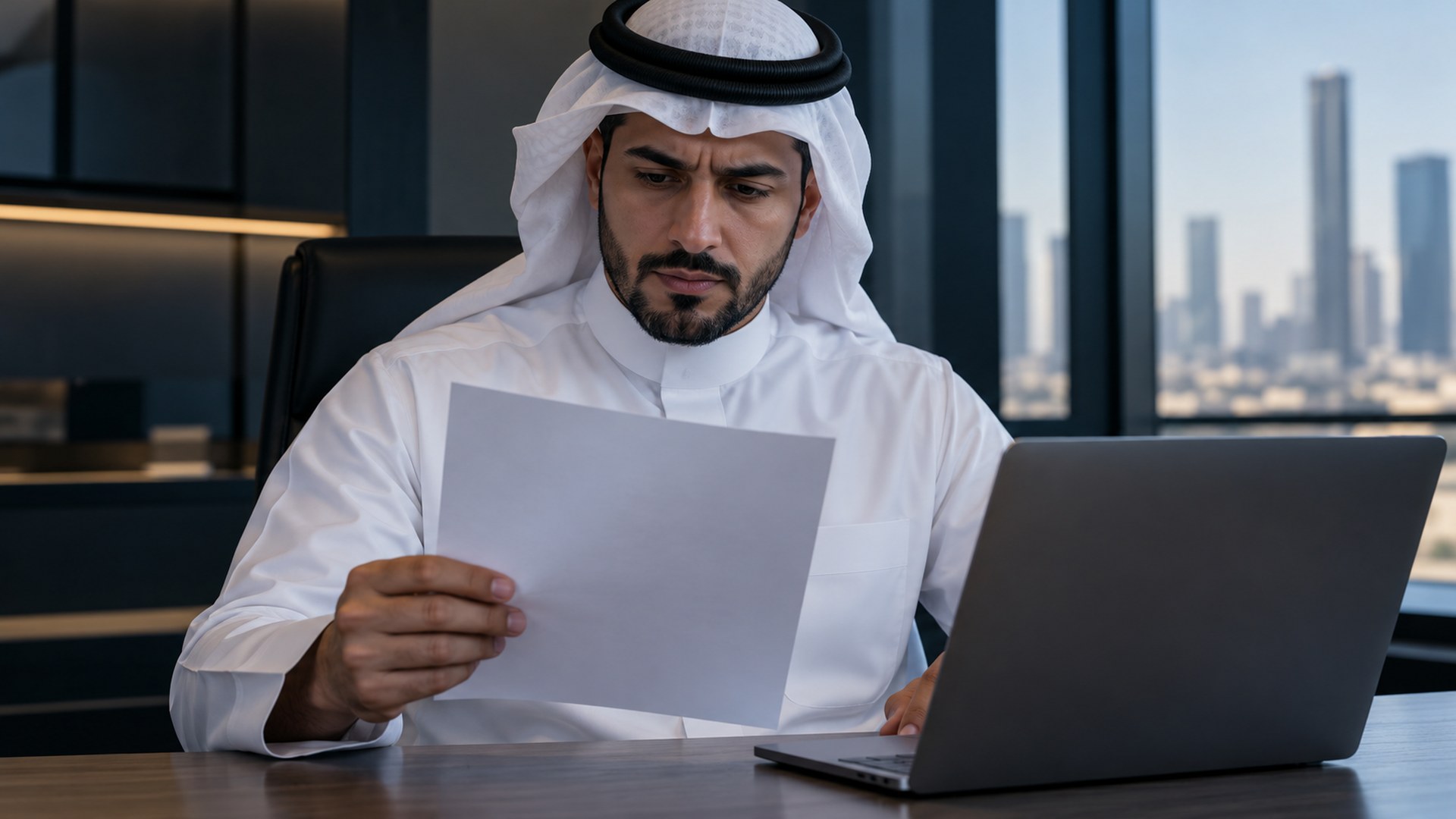 رجل سعودي يتحقق من البيانات الرسمية في فاتورة عمل قبل استخدام اللابتوب
