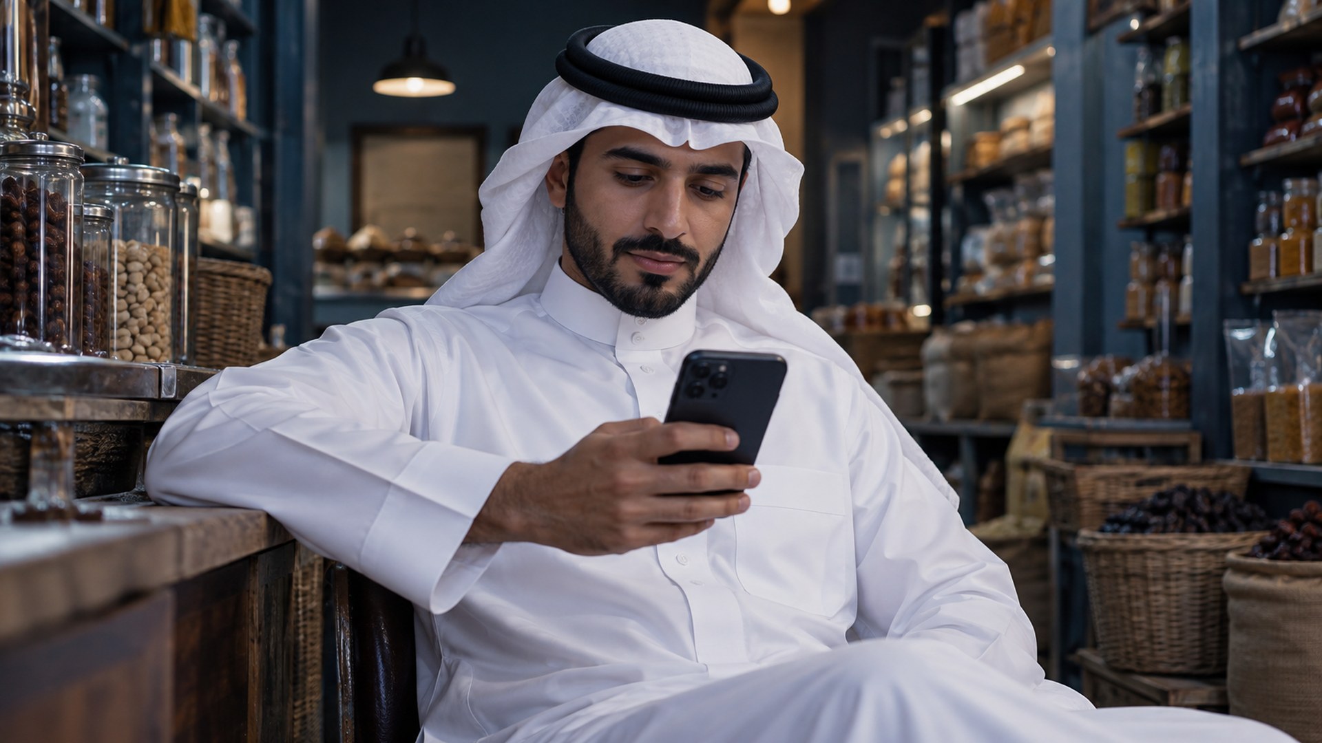 رجل سعودي يتفقد معلومة على جواله وهو جالس في محله الصغير