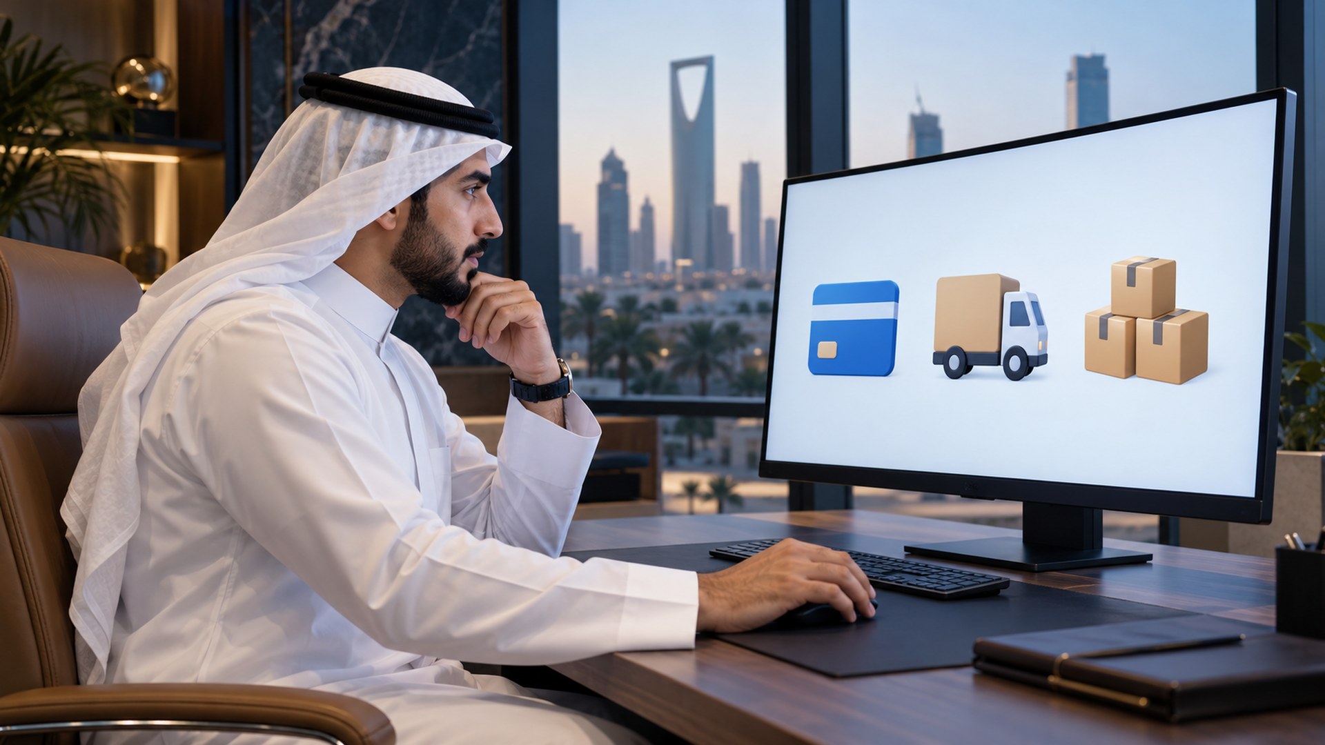 رجل سعودي يقارن مزايا منصات التجارة الإلكترونية على شاشة كبيرة