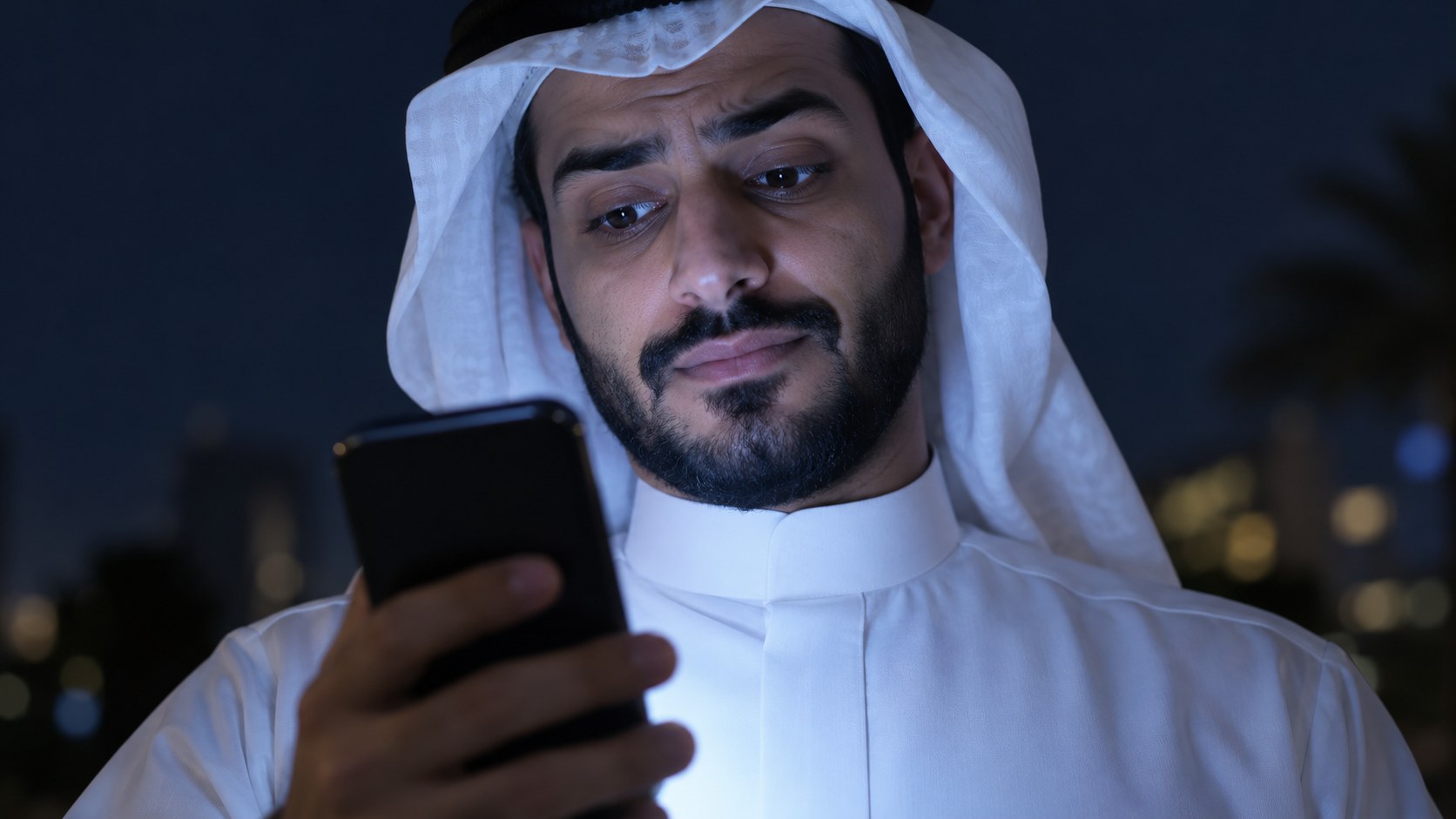 وجه رجل سعودي يضيئه جواله ليلاً وهو يرفع حاجبيه شاكاً