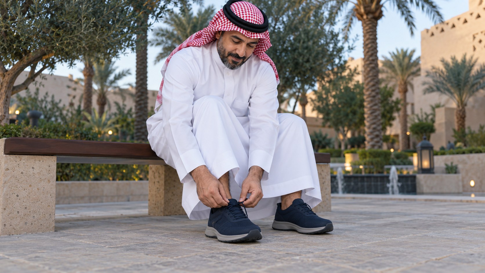 رجل سعودي في الأربعينات يربط حذاء مشي واسعاً ومريحاً وهو جالس على مقعد